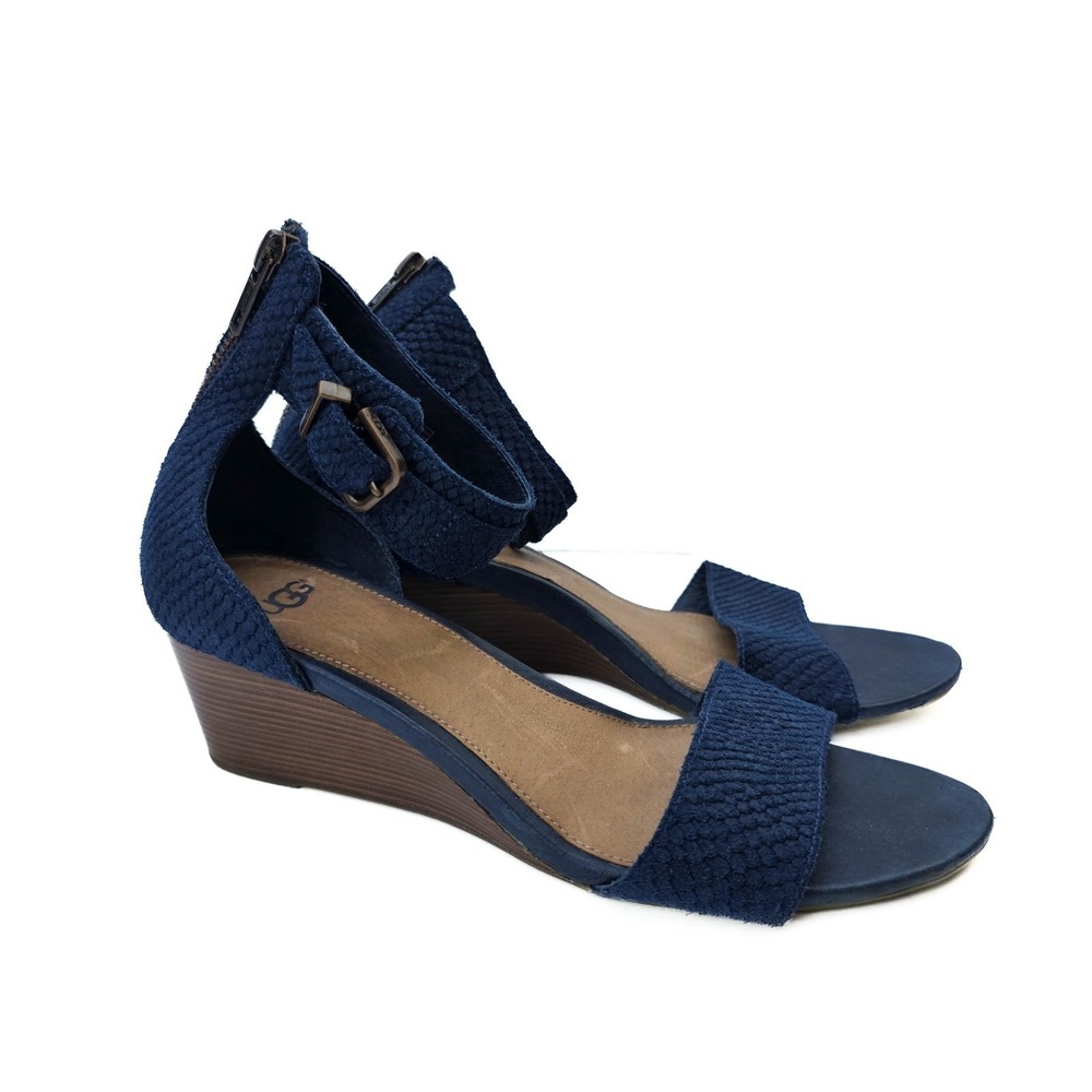 UGG Australia Macayla Wedge Sandals Womens 8 Navy Suede Ankle Strap 1006939